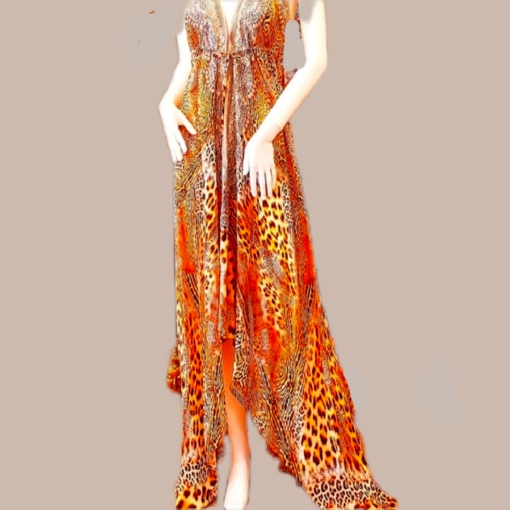 *LAST ONE***MANISH VAID- Silk Leopard Hi-Lo CRY.Emb. Dress-NWT
